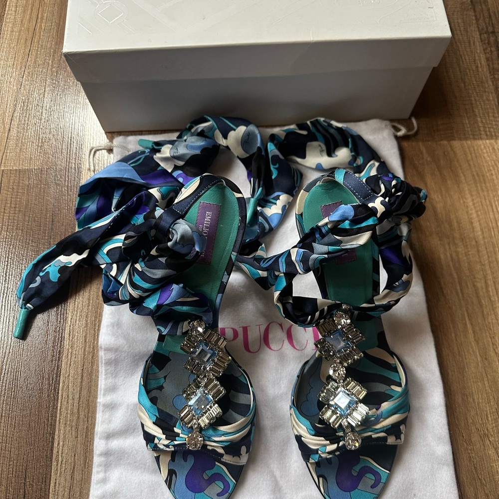 Emilio Pucci Blue and Green Sandals with Crystal Accents